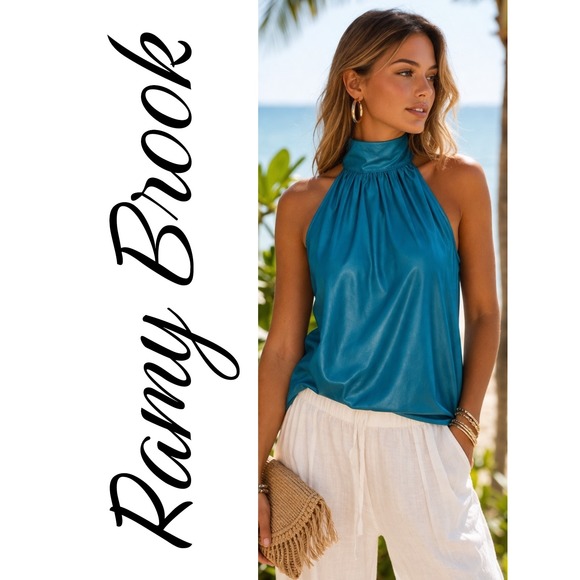 Ramy Brook Tops - Ramy Brook Teal Faux Leather Halter High Neck Draped Vegan Leather Blouse Medium